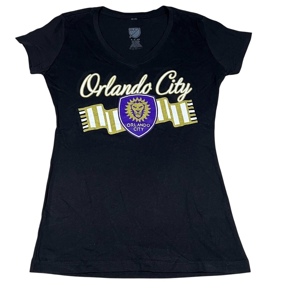 MLS Orlando City SC Womens V-Neck T-Shirt Black Short Sleeve‎ Small Soccer Tee